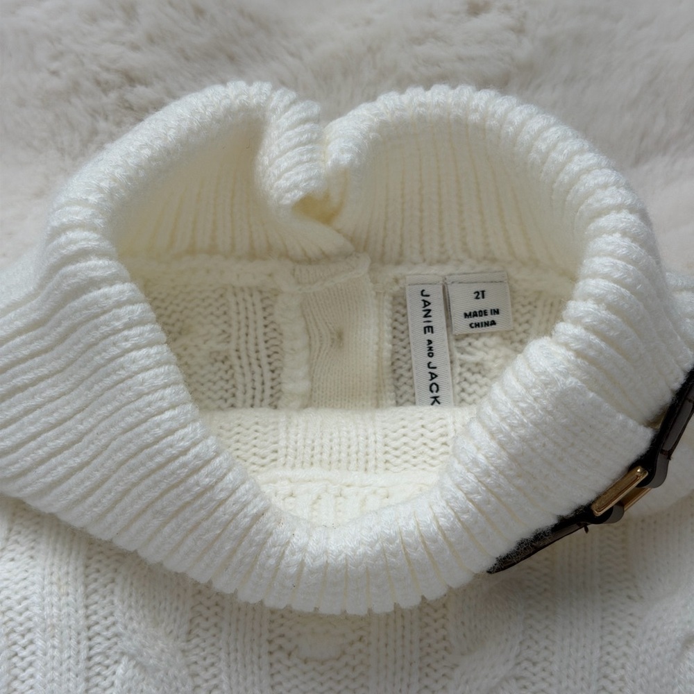 Janie and Jack Ivory Cable-Knit Turtleneck Poncho Cape with Button Accents - Picture 11 of 16